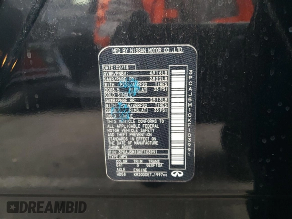 2019 Infiniti QX50 Essential with VIN 3PCAJ5M10KF103991, listed as a Copart auction lot 67370683 with 60,690 mi miles and Salvage title. Bid and sale history available at DreamBid. Image 12.