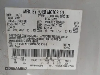 2013 Ford F-150 XL with VIN 1FTMF1EF0DKG39315, listed as a IAAI auction lot 41893600 with 254,727 mi miles. Bid and sale history available at carsss.com. Image 9.