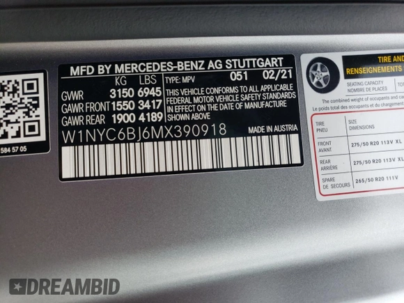 2021 Mercedes-Benz G 550 with VIN W1NYC6BJ6MX390918, listed as a Copart auction lot 56117663 with Not Provided miles and . Bid and sale history available at carsss.com. Image 15.