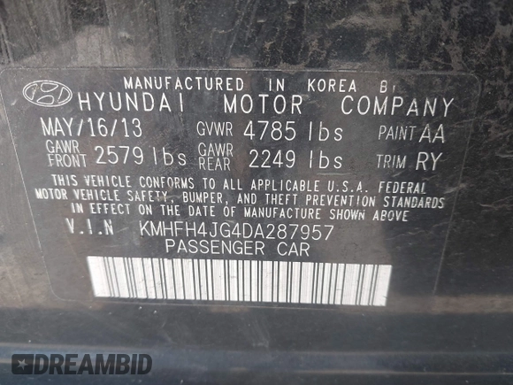 2013 Hyundai Azera with VIN KMHFH4JG4DA287957, listed as a IAAI auction lot 41763771 with 165,764 mi miles. Bid and sale history available at carsss.com. Image 9.