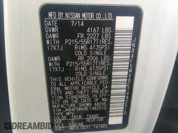 2014 Nissan Juke SL with VIN JN8AF5MV8ET482510, listed as a IAAI auction lot 39213468 with Not Provided miles and . Bid and sale history available at DreamBid. Image 9.