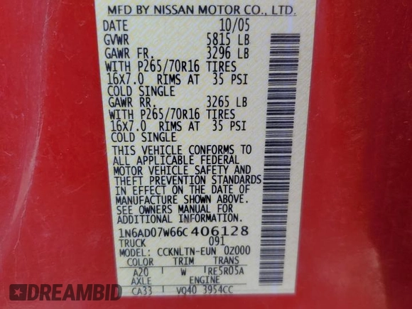2006 Nissan Frontier LE with VIN 1N6AD07W66C406128, listed as a Copart auction lot 56281695 with 97,777 mi miles and Salvage title. Bid and sale history available at DreamBid. Image 12.