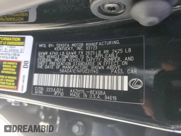 2023 Lexus ES with VIN 58ADA1C14PU031140, listed as a Copart auction lot 47227565 with 39,558 mi miles and Salvage Title. Bid and sale history available at carsss.com. Image 13.