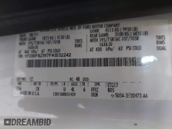 2015 Ford Transit with VIN 1FDBF8ZM7FKB32242, listed as a IAAI auction lot 42162832 with 170,269 mi miles and . Bid and sale history available at DreamBid. Image 9.