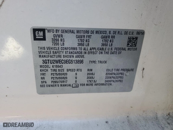 2014 GMC Sierra 1500 Denali with VIN 3GTU2WEC9EG513896, listed as a Copart auction lot 89385975 with 95,300 mi miles and Salvage Title. Bid and sale history available at carsss.com. Image 12.