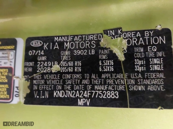 2015 Kia Soul with VIN KNDJN2A24F7752883, listed as a IAAI auction lot 41930940 with 224,713 mi miles. Bid and sale history available at carsss.com. Image 9.