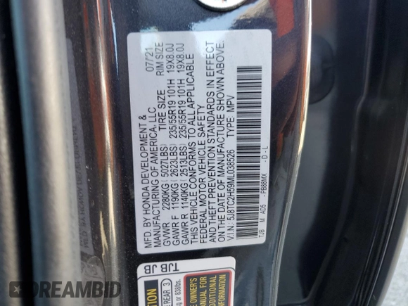 2021 Acura RDX w/Technology Package with VIN 5J8TC2H59ML038526, listed as a Copart auction lot 77088674 with 0 mi miles and Salvage Title. Bid and sale history available at carsss.com. Image 13.