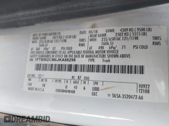 2018 Ford Transit with VIN 1FTBW2CM6JKA88298, listed as a IAAI auction lot 42112029 with 119,425 mi miles and . Bid and sale history available at DreamBid. Image 9.