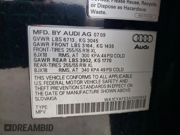 2010 Audi Q7 z VIN WA1CYAFE3AD000545, wystawiony jako Copart lot #53290525 z przebiegiem 167 147 mil mil oraz Czysty tytuł • Clean title. Historia ofert i sprzedaży dostępna na DreamBid. Obrazek 13.