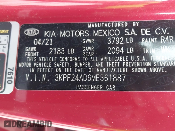 2021 Kia Forte LXS z VIN 3KPF24AD6ME361887, wystawiony jako IAAI lot #42202222 z przebiegiem 101 142 mil mil oraz . Historia ofert i sprzedaży dostępna na DreamBid. Obrazek 9.