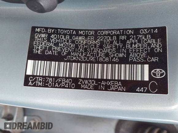 2014 Toyota Prius Four with VIN JTDKN3DU9E1808146, listed as a IAAI auction lot 42054435 with 86,915 mi miles. Bid and sale history available at carsss.com. Image 9.