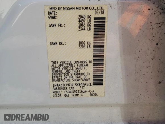 2018 Nissan LEAF SL with VIN 1N4AZ1CP6JC304951, listed as a Copart auction lot 52515045 with 72,331 mi miles and Salvage Title. Bid and sale history available at DreamBid. Image 13.