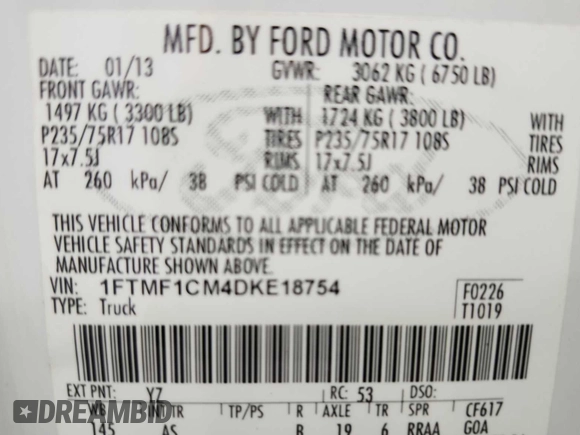 2013 Ford F-150 XL z VIN 1FTMF1CM4DKE18754, wystawiony jako IAAI lot #42844298 z przebiegiem 71 624 mil mil oraz . Historia ofert i sprzedaży dostępna na DreamBid. Obrazek 6.