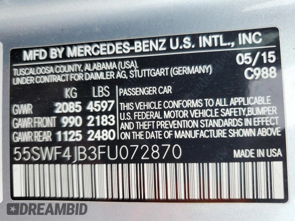 2015 Mercedes-Benz C-Class C 300 with VIN 55SWF4JB3FU072870, listed as a Copart auction lot 45989365 with 80,019 mi miles and Salvage Title. Bid and sale history available at carsss.com. Image 14.