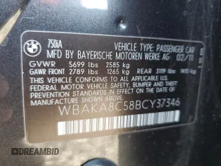 2011 BMW 7 Series 750i with VIN WBAKA8C58BCY37346, listed as a Copart auction lot 65017655 with 125,505 mi miles and Salvage title. Bid and sale history available at DreamBid. Image 12.