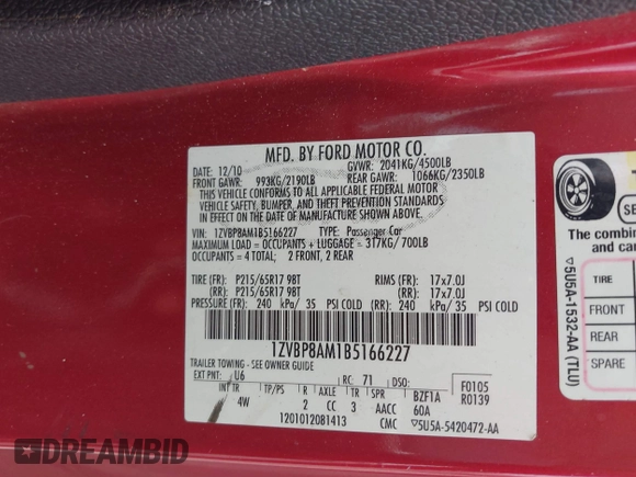 2011 Ford Mustang V6 with VIN 1ZVBP8AM1B5166227, listed as a IAAI auction lot 42748651 with 148,448 mi miles and . Bid and sale history available at DreamBid. Image 9.