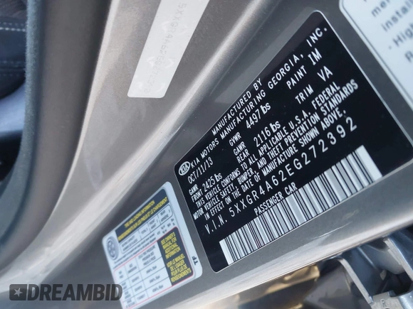 2014 Kia Optima SX Turbo with VIN 5XXGR4A62EG272392, listed as a IAAI auction lot 41236920 with 189,504 mi miles and . Bid and sale history available at DreamBid. Image 9.