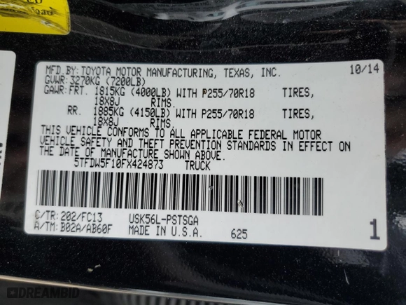 2015 Toyota Tundra 4WD Truck SR5 with VIN 5TFDW5F10FX424873, listed as a Copart auction lot 84812574 with 249,711 mi miles and Salvage Title. Bid and sale history available at carsss.com. Image 12.
