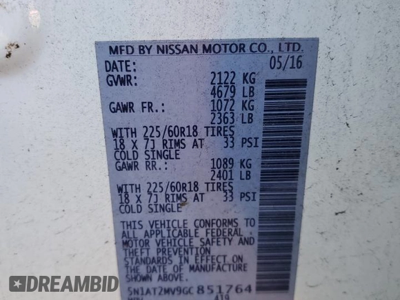 2016 Nissan Rogue SL with VIN 5N1AT2MV9GC851764, listed as a Copart auction lot 49112735 with 76,933 mi miles and Salvage Title. Bid and sale history available at DreamBid. Image 13.