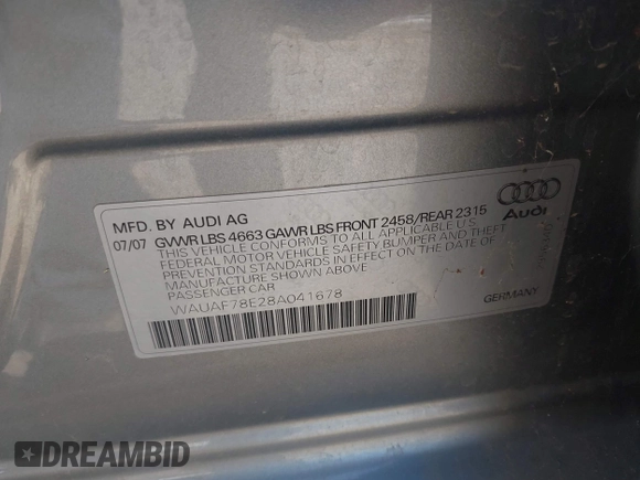 2008 Audi A4 2.0T with VIN WAUAF78E28A041678, listed as a IAAI auction lot 42614609 with 128,696 mi miles and . Bid and sale history available at DreamBid. Image 9.
