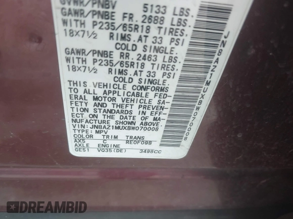 2011 Nissan Murano SL with VIN JN8AZ1MUXBW070008, listed as a IAAI auction lot 41416163 with 151,675 mi miles and . Bid and sale history available at DreamBid. Image 9.