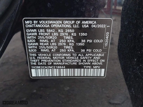 2022 Volkswagen Atlas Cross Sport 3.6L V6 SEL with VIN 1V2BE2CA2NC218844, listed as a IAAI auction lot 41264502 with 47,150 mi miles. Bid and sale history available at carsss.com. Image 9.