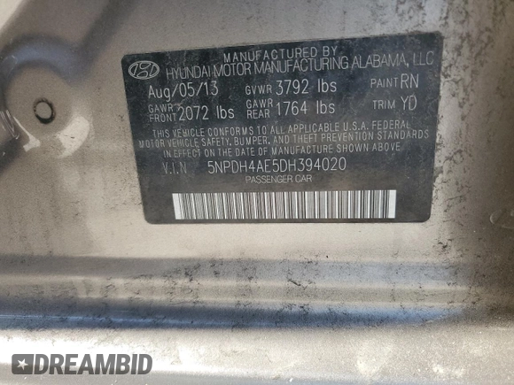 2013 Hyundai Elantra GLS with VIN 5NPDH4AE5DH394020, listed as a Copart auction lot 62685435 with 142,831 mi miles and Clean title. Bid and sale history available at DreamBid. Image 12.