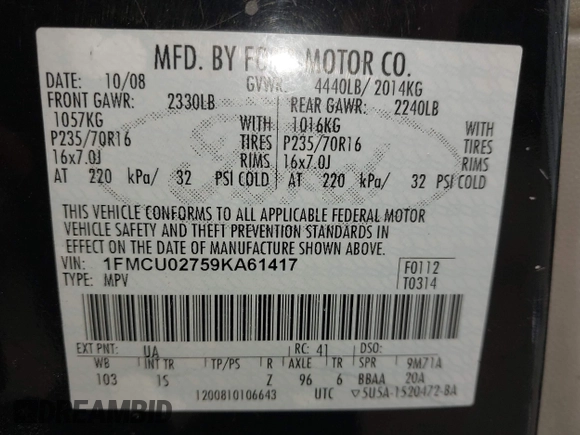 2009 Ford Escape XLS z VIN 1FMCU02759KA61417, wystawiony jako IAAI lot #42102452 z przebiegiem 207 262 mil mil oraz . Historia ofert i sprzedaży dostępna na DreamBid. Obrazek 9.