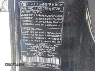 2013 Land Rover Range Rover Sport HSE Lux with VIN SALSK2D45DA766942, listed as a IAAI auction lot 42477658 with 188,101 mi miles and . Bid and sale history available at DreamBid. Image 9.