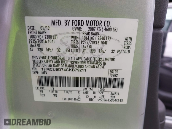 2012 Ford Escape XLT with VIN 1FMCU9D74CKB79211, listed as a IAAI auction lot 42464491 with 144,757 mi miles and . Bid and sale history available at DreamBid. Image 9.