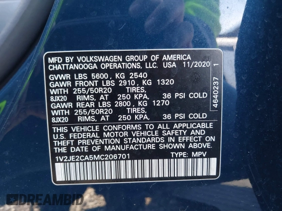 2021 Volkswagen Atlas SE with VIN 1V2JE2CA5MC206701, listed as a IAAI auction lot 41165558 with 52,631 mi miles and . Bid and sale history available at DreamBid. Image 9.