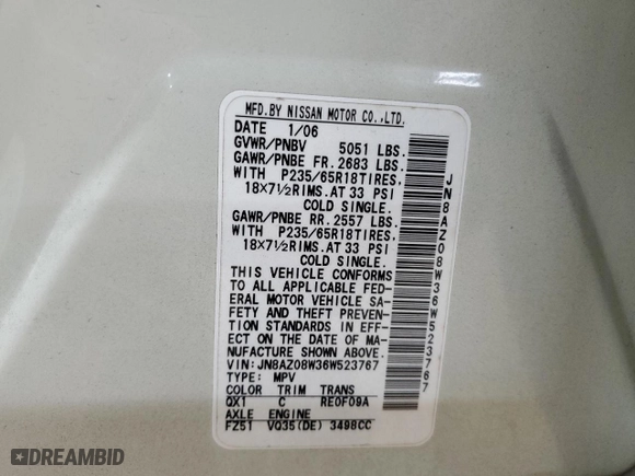 2006 Nissan Murano SE with VIN JN8AZ08W36W523767, listed as a Copart auction lot 71339564 with 89,753 mi miles and Salvage Title. Bid and sale history available at carsss.com. Image 15.