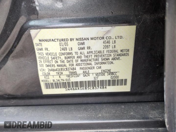 2005 Nissan Maxima SE с VIN 1N4BA41E85C837484, выставлен на аукционе Copart как лот 56707015 с пробегом Не указан миль и Списание • Salvage title. История ставок и продаж доступна на DreamBid. Изображение 12.