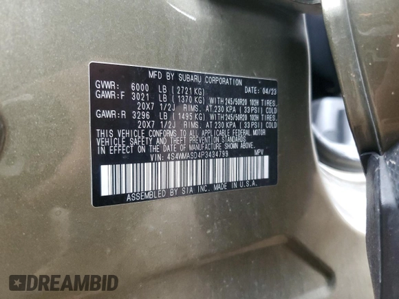2023 Subaru Ascent Limited with VIN 4S4WMASD4P3434799, listed as a Copart auction lot 53736515 with 41,368 mi miles and Salvage title. Bid and sale history available at DreamBid. Image 14.