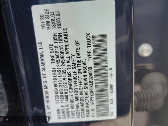 2020 Honda Ridgeline RTL with VIN 5FPYK3F5XLB024000, listed as a Copart auction lot 51298255 with 74,822 mi miles and Non repairable. Bid and sale history available at DreamBid. Image 13.
