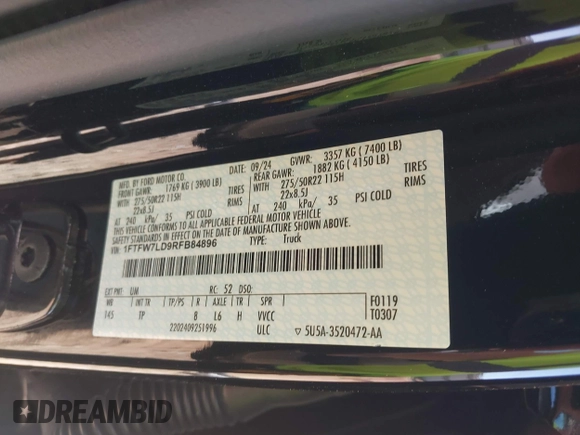 2024 Ford F-150 with VIN 1FTFW7LD9RFB84896, listed as a IAAI auction lot 42256542 with 21,212 mi miles and . Bid and sale history available at DreamBid. Image 9.
