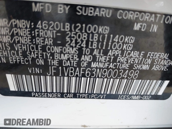 2022 Subaru WRX Premium with VIN JF1VBAF63N9003498, listed as a IAAI auction lot 42249515 with 33,796 mi miles and . Bid and sale history available at DreamBid. Image 9.