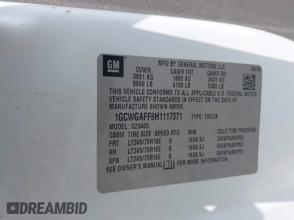 2017 Chevrolet Express Cargo with VIN 1GCWGAFF8H1117371, listed as a IAAI auction lot 42663473 with 260,445 mi miles and . Bid and sale history available at DreamBid. Image 9.