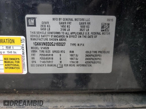 2016 GMC Acadia SLE with VIN 1GKKVNED2GJ165527, listed as a Copart auction lot 53054645 with 148,910 mi miles and Salvage title. Bid and sale history available at DreamBid. Image 13.