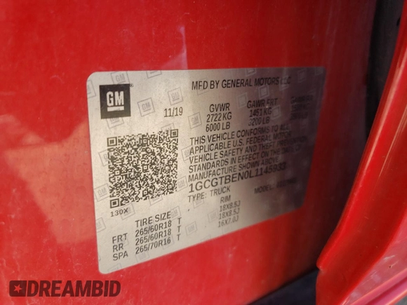 2020 Chevrolet Colorado 4WD Work Truck with VIN 1GCGTBEN0L1145933, listed as a Copart auction lot 60484365 with 70,417 mi miles and Salvage title. Bid and sale history available at DreamBid. Image 12.