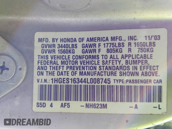 2004 Honda Civic VP z VIN 1HGES16344L008745, wystawiony jako IAAI lot #39006629 z przebiegiem Nie podano mil oraz . Historia ofert i sprzedaży dostępna na DreamBid. Obrazek 9.