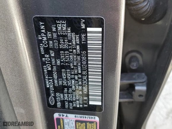2020 Hyundai Tucson SEL with VIN KM8J3CAL8LU240816, listed as a Copart auction lot 48156885 with 55,173 mi miles and Salvage Title. Bid and sale history available at carsss.com. Image 13.