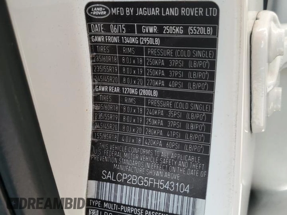 2015 Land Rover Discovery Sport SE with VIN SALCP2BG5FH543104, listed as a Copart auction lot 66766434 with 0 mi miles and Clean Title. Bid and sale history available at carsss.com. Image 13.