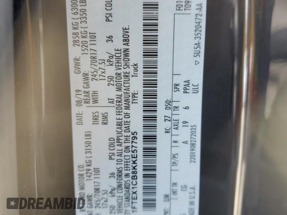 2019 Ford F-150 XL с VIN 1FTEX1CB8KKE57795, выставлен на аукционе Copart как лот 53294605 с пробегом 71 947 миль миль и Списание • Salvage title. История ставок и продаж доступна на DreamBid. Изображение 12.