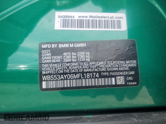 2021 BMW M3 with VIN WBS53AY06MFL18174, listed as a Copart auction lot 63284265 with 29,214 mi miles and Salvage title. Bid and sale history available at DreamBid. Image 12.
