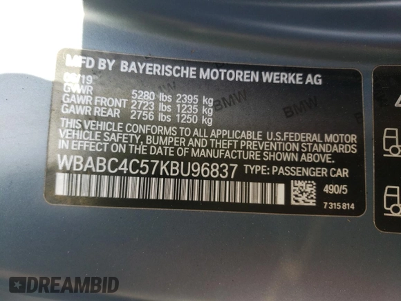 2019 BMW 8 Series M850i xDrive with VIN WBABC4C57KBU96837, listed as a Copart auction lot 47234193 with 0 mi miles. Bid and sale history available at carsss.com. Image 13.