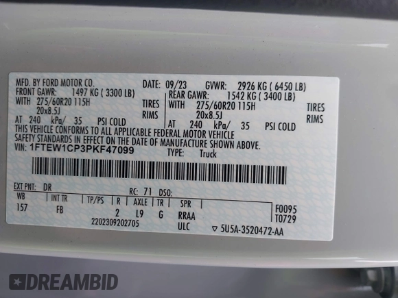 2023 Ford F-150 XL с VIN 1FTEW1CP3PKF47099, выставлен на аукционе IAAI как лот 42309722 с пробегом 25 057 миль миль и . История ставок и продаж доступна на DreamBid. Изображение 9.