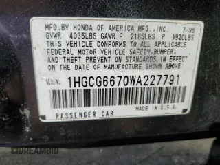 1998 Honda Accord EX z VIN 1HGCG6670WA227791, wystawiony jako Copart lot #49052565 z przebiegiem 159 332 mil mil oraz Szkoda całkowita • Salvage title. Historia ofert i sprzedaży dostępna na DreamBid. Obrazek 12.