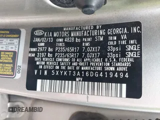 2013 Kia Sorento LX с VIN 5XYKT3A16DG419494, выставлен на аукционе IAAI как лот 42501875 с пробегом 152 100 миль миль и . История ставок и продаж доступна на DreamBid. Изображение 9.