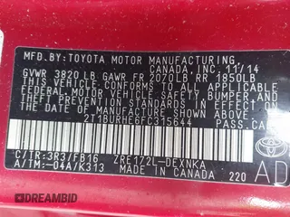 2015 Toyota Corolla L z VIN 2T1BURHE6FC315644, wystawiony jako IAAI lot #42203626 z przebiegiem 140 378 mil mil oraz . Historia ofert i sprzedaży dostępna na DreamBid. Obrazek 9.